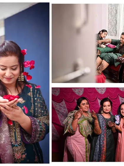 A collage showcasing the joy of a Mehendi ceremony. It features the bride's portraits, candid moments with her friends, and the fun-filled atmosphere of the day.