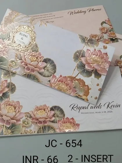 This card is decorated with a border of embossed lotus flowers in shades of pink and gold. The textured details give the invitation a premium feel, perfect for a special celebration.