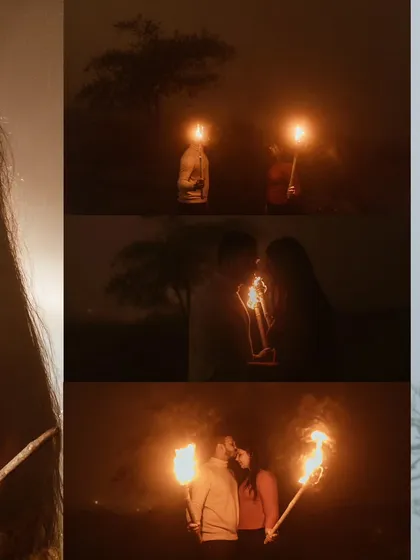A collage of intimate moments from a pre-wedding shoot in Igatpuri, featuring romantic portraits lit by the warm glow of fire.