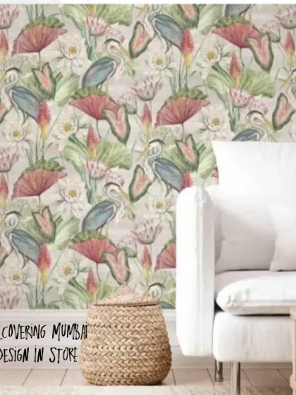 The heron and water lily pattern in a lighter, neutral colorway. This version is perfect for a bright and airy living space.