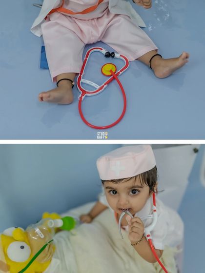 A close-up on the details, from the toy stethoscope to the doctor's focused expression.