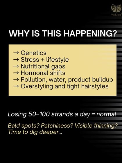 Why is this happening? Hair loss can be caused by genetics, stress, nutritional gaps, hormonal shifts, and more. While losing 50-100 strands a day is normal, visible thinning or bald spots mean it is time to dig deeper.