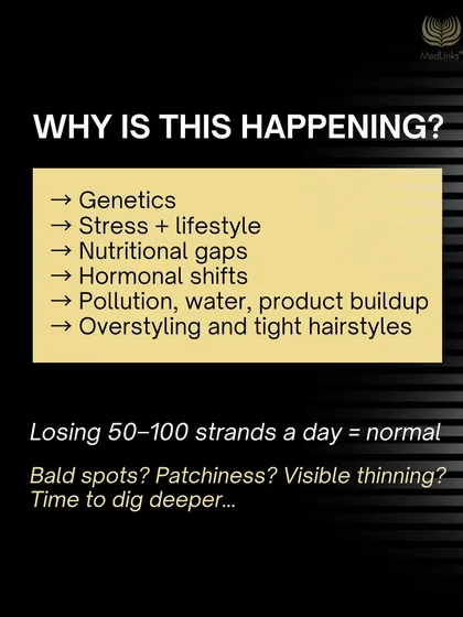 Why does hair loss happen? It can be due to genetics, stress, nutritional gaps, pollution, or even tight hairstyles. Losing 50-100 strands a day is normal, but visible thinning requires a deeper look.