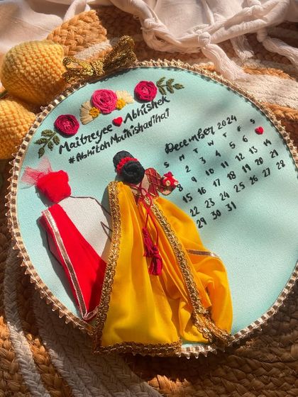 Another angle of this custom wedding hoop. The 3D effect of the bride's lehenga and the groom's sherwani makes it such a unique piece of art.