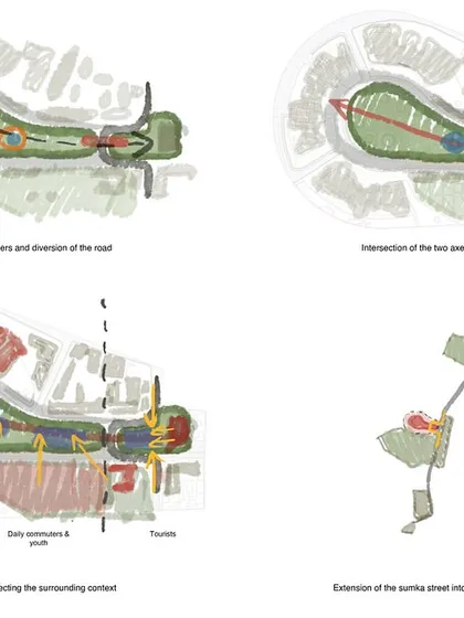 These conceptual sketches for Kharkiv's Freedom Square illustrate the design process. They show how I analyzed site context, pedestrian flows, and surrounding communities to create a zoning plan that serves daily commuters, students, and tourists alike.