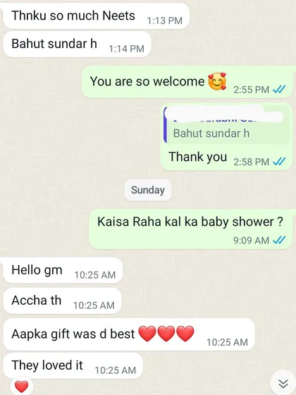 Waking up to messages like this makes all the hard work worth it. Knowing that a handmade gift hamper I created was the "best gift" at a baby shower is the most wonderful feeling. It’s my biggest reward.