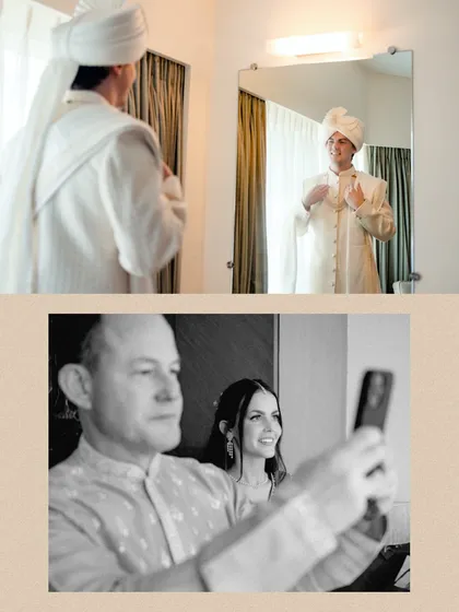 A collage of the groom getting ready, looking in the mirror, and a candid shot of his family taking a selfie.