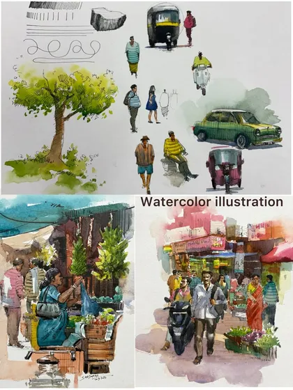 This collage shows various watercolor illustration elements I teach in my online class. It includes studies of trees, people, vehicles, and full market scenes.