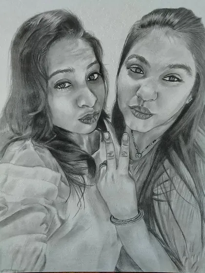 A fun and modern portrait of two friends, based on their photo. It's a great way to celebrate friendship with a unique piece of art.