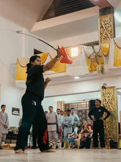 Mastery of traditional weapons is a core part of our advanced curriculum. Here, I am demonstrating a Wushu sword form, showcasing the focus, precision, and power that comes from dedicated weapons training.