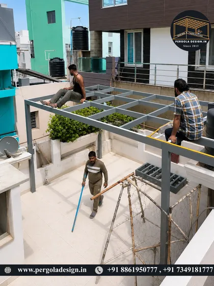 Our team's expertise and coordination are evident on site. We work efficiently and cleanly to erect the pergola framework, demonstrating the strength and stability of the structure even before the roof is installed.