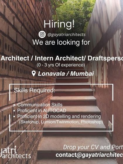Gayatri Architects is hiring a Junior Architect, Intern, or Draftsperson with 0-3 years of experience for their Lonavala or Mumbai office.