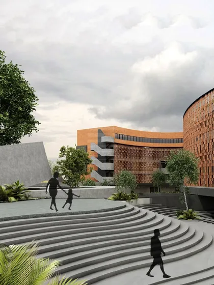 This render illustrates our vision for a public institutional campus, featuring a grand stepped amphitheater that encourages social interaction. The design balances the curved terracotta building with open public plazas, creating a dynamic relationship between the structure and its landscape.