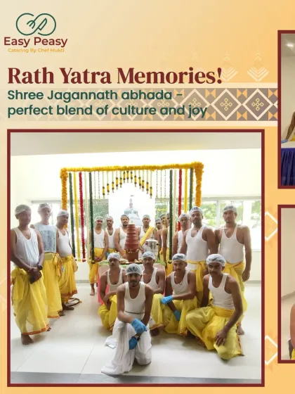 My team and I, dressed in traditional attire for a Rath Yatra event. We take great pride in recreating the complete 'Abhada' atmosphere, right down to the stacked clay 'kuduas' you see here, which are used to cook and serve the sacred food.