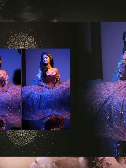 Using creative lighting to create a dramatic portrait of the bride-to-be. The blue and purple lights make her sparkling gown pop and give the photos a modern, high-fashion feel.