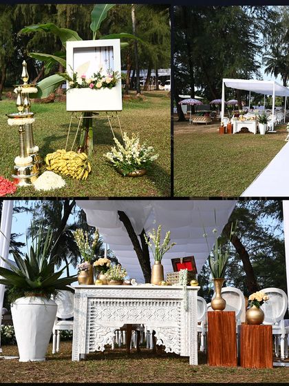 Details of the all-white ceremony, including the welcome sign and decor elements that blend traditional Indian brass lamps with a modern white theme.