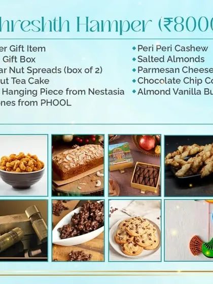 A complete list of the treats and gifts included in our 'Shreshth Hamper'. You'll find a mix of our cakes, cookies, and savoury snacks alongside premium coffee and decor.