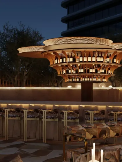 The sculptural, tree-like bar on the rooftop is a stunning focal point. This element brings a touch of the surreal to the Mediterranean-inspired design, blending art and architecture.