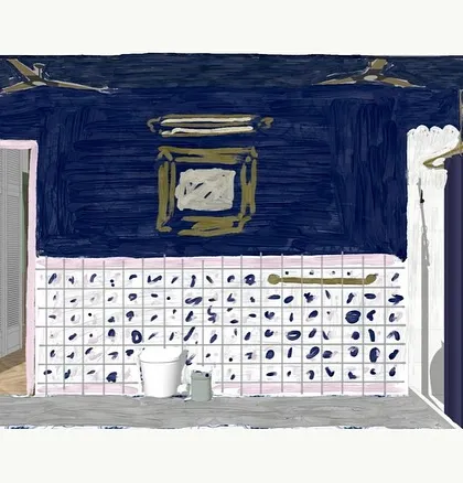 A concept sketch of the artist's bathroom. This initial drawing explores the bold color blocking and custom tile layout that define this uniquely personal and creative space.
