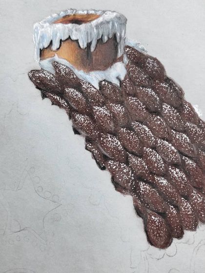 A close-up of the textured roof in the gingerbread house drawing.