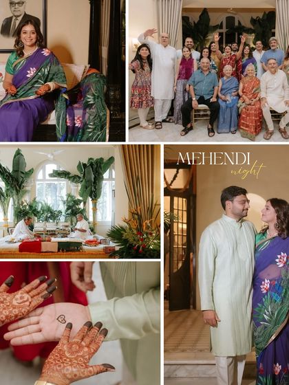 A collage from an intimate Mehendi night, showing the couple, guests, and the simple, elegant decor with banana leaf accents.