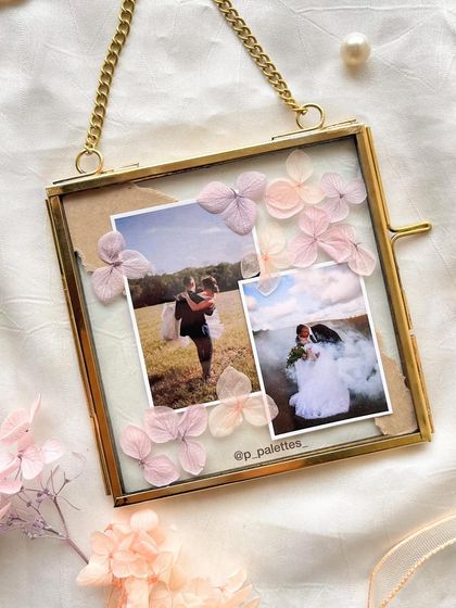 Another angle of our new floating frame with dried hydrangeas. The delicate flowers create a beautiful, dreamy effect around your photos.