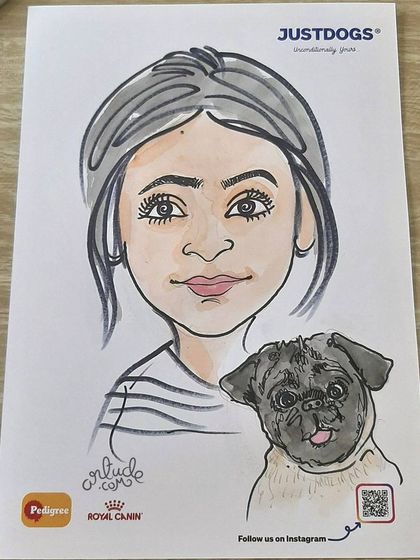 A lovely drawing of a woman and her pug. I always enjoy adding the quirky and cute personalities of pets into the artwork.