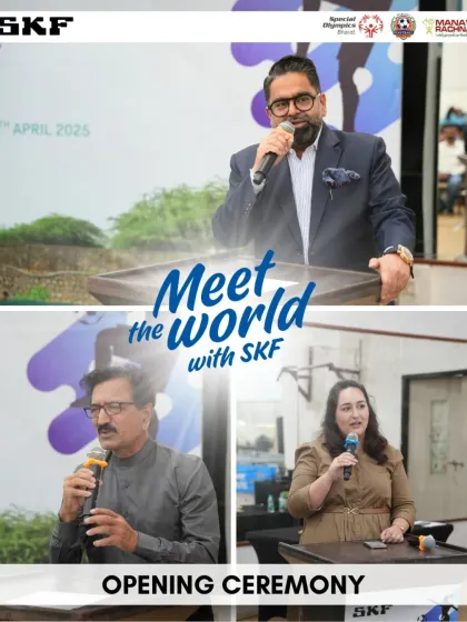 Dignitaries addressing the athletes at the opening ceremony of the 'Meet the World by SKF' tournament, inspiring them to dream big.