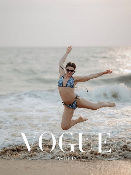 This dynamic leap against the ocean waves has a powerful, liberating feel. It's a perfect shot for a swimwear or activewear brand campaign.