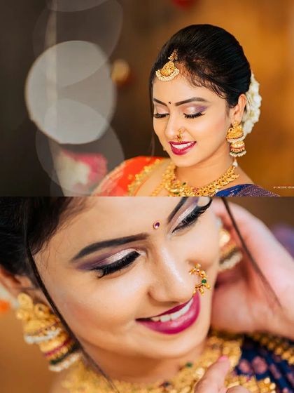 This collage combines a soft-focus portrait with a sharp, detailed close-up. The top image uses bokeh to create an artistic effect, while the bottom image provides a clear look at the intricate jewelry and flawless makeup.