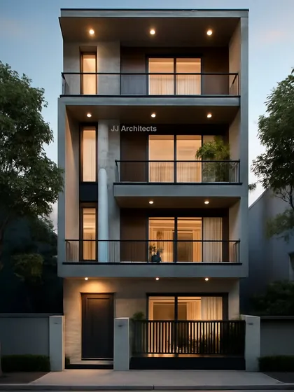 This elevation design for a duplex home focuses on clean lines, large glass openings, and a minimalist color palette. The design prioritizes natural light and a feeling of spaciousness.
