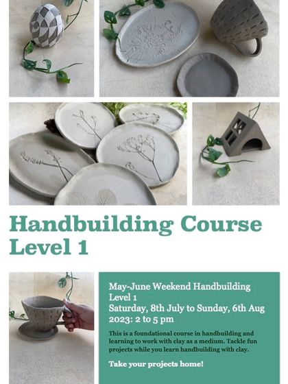 This poster for our May-June hand-building course features a collage of beautiful student work, from botanical plates to geometric forms, showcasing the skills you will learn.