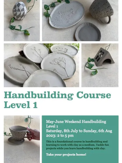This poster for our May-June hand-building course features a collage of beautiful student work, from botanical plates to geometric forms, showcasing the skills you will learn.