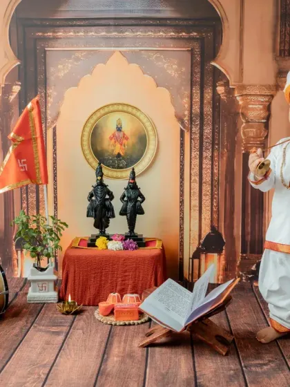 This standing shot captures the toddler Varkari in motion, as if participating in a 'dindi' (procession).
