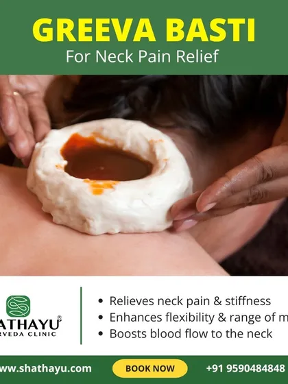 This is Greeva Basti, a specialized treatment for chronic neck pain and stiffness. By pooling warm, medicated oil on the cervical region, I can effectively relieve pain from conditions like cervical spondylosis, reduce stiffness, and enhance the flexibility and range of motion in your neck.