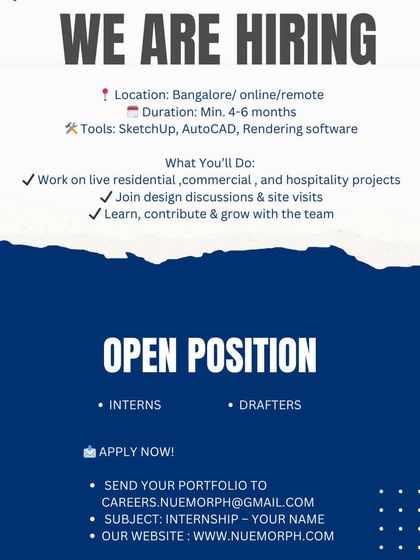 Nuemorph in Bangalore is offering a 4-6 month internship for interns and drafters, with the option for remote work.