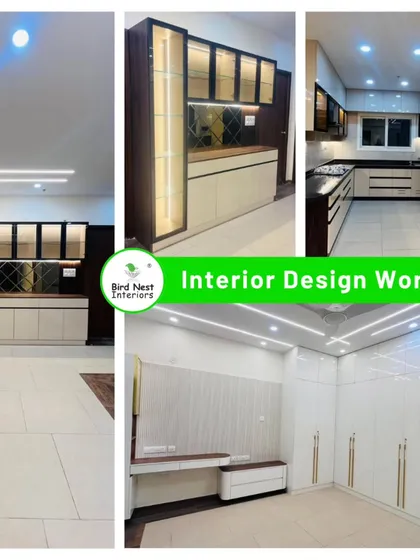 This collage displays our high-quality finishing in a recent project, including a custom crockery unit with integrated lighting, a modern modular kitchen, and a spacious bedroom wardrobe.