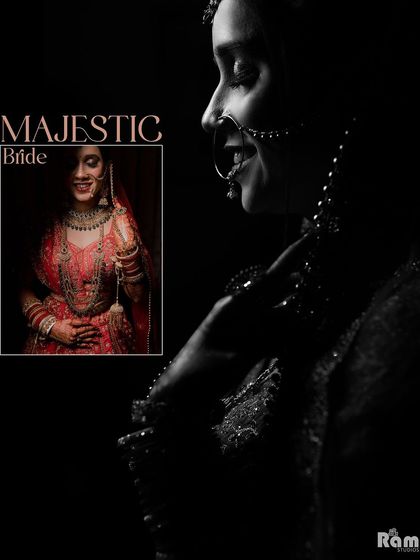 A dramatic black and white collage titled "Majestic Bride," featuring a powerful close-up and a smaller color inset, capturing the bride's regal presence.