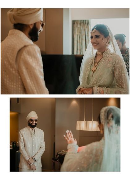 A collage showing the groom's anticipation and the bride's reaction during their first look. We tell a story through a sequence of images.