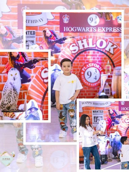 A collage showcasing the birthday boy in his element, posing in front of the impressive Hogwarts Express backdrop.