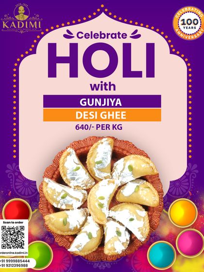 Our classic Desi Ghee Gunjiya, with a silver varq topping, is the essence of Holi celebrations. Pure, traditional, and delicious.