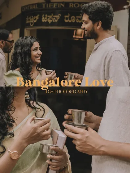 Pre-wedding shoots can be as simple as visiting your favorite local spot. This "Bangalore Love" session, complete with filter coffee, captures the couple's authentic connection in a familiar, urban setting.