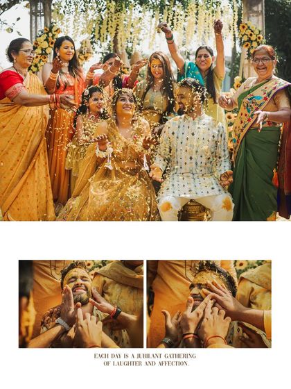A collage showing the couple being showered with petals and the groom's face being smeared with turmeric by family.