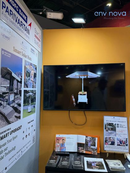 A focused shot of our digital screen at the Startup Mahakumbh booth, displaying a 3D model of our portable solar hut. This allowed us to demonstrate the product's design and features in a dynamic way.