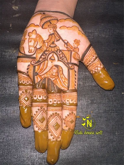 A classic bridal mehandi theme showing the bride in a doli. This design captures the emotion and tradition of a wedding ceremony, making it a timeless piece of art.