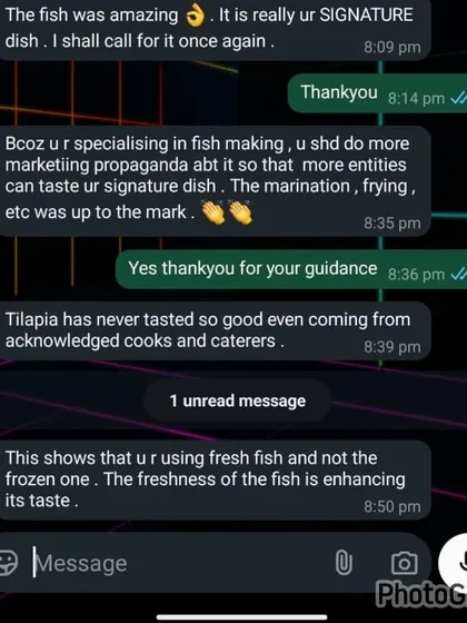 A wonderful WhatsApp message from a customer praising our signature Tandoori Fried Fish. They noted the freshness of the fish and the perfect marination.