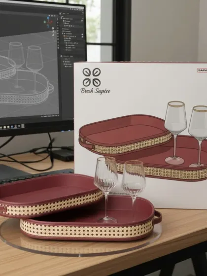 A fun social media post showing the 3D render and the final product of my leatherette tray set. It's a little peek into how my designs come to life.