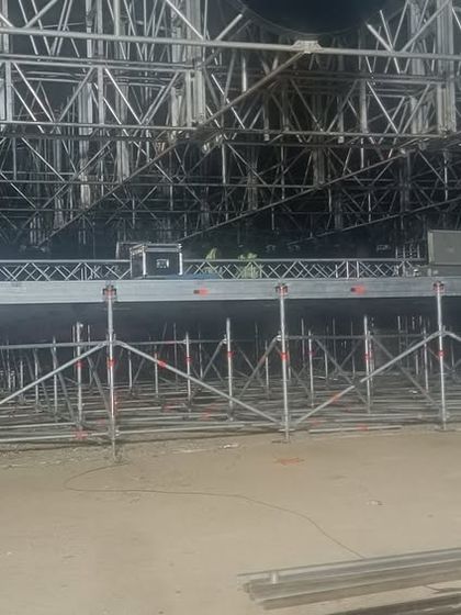 The foundation of a great concert is a strong stage. Here is the Layher scaffolding and stage platform during the build for Sid Sriram's concert in Hyderabad, showing the modular and robust base before the final production elements are added.