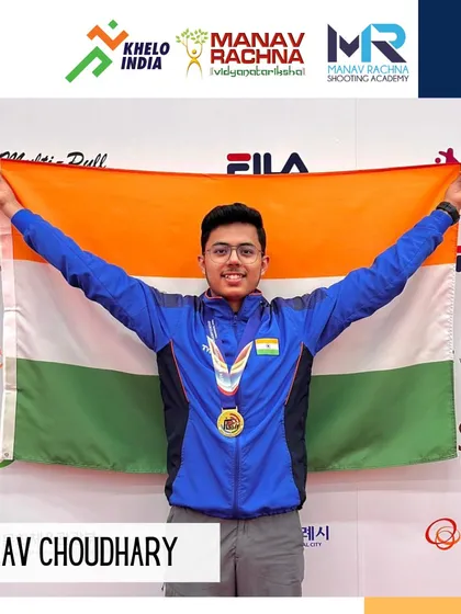 We are proud to see our Khelo India athlete, Abhinav Choudhary, representing India and winning Gold at the 15th Asian Shooting Championship in Korea. This image captures his pride holding the national flag.