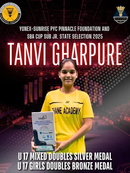 Tanvi Gharpure with her silver and bronze medals from the Sub Jr. State Selection tournament, showcasing her talent in both mixed and girls' doubles.
